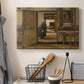 Canvas art print detailing an interior view with figure in calm, ordered environment, displayed in a softly lit workspace setting