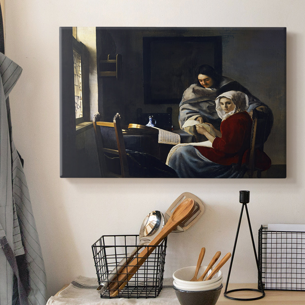 Canvas art print detailing an intimate moment of figure turning away, displayed in a softly lit workspace setting