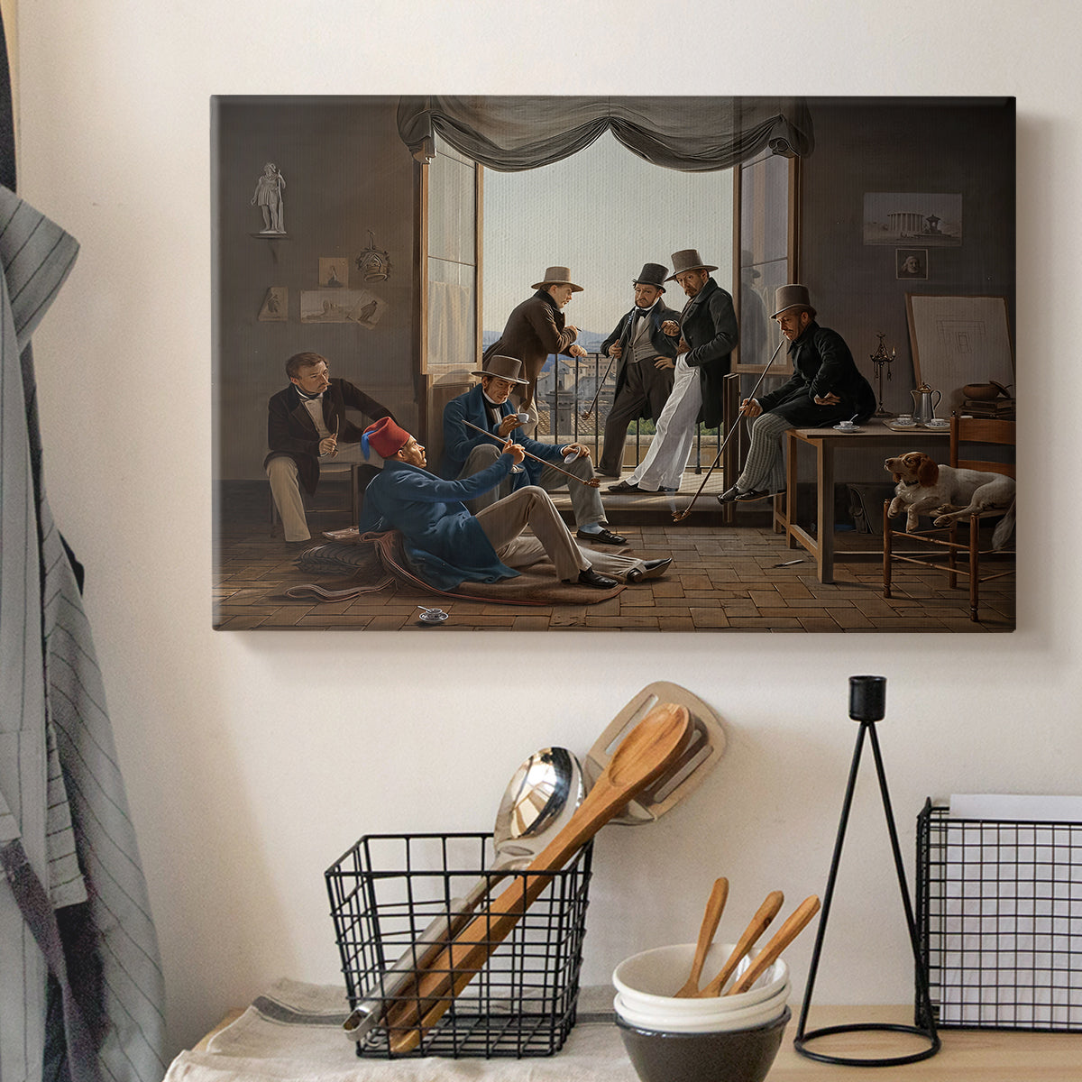 Canvas art print detailing multiple figures arranged in room with classical decor, displayed in a softly lit workspace setting