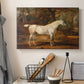 Canvas art print detailing a realistic depiction of horse posed in countryside, displayed in a softly lit workspace setting