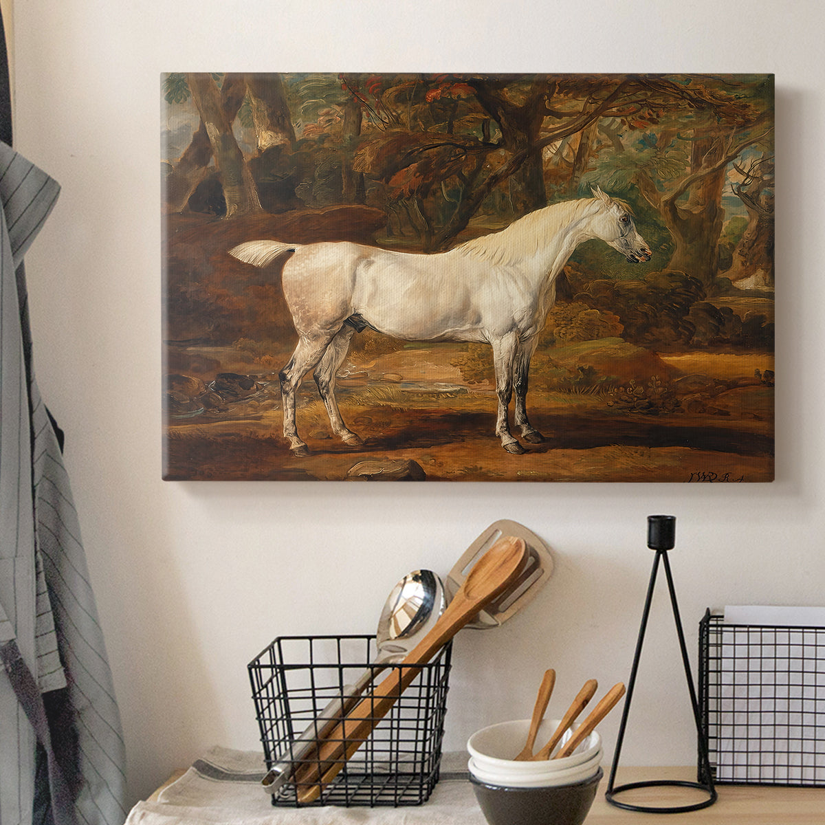 Canvas art print detailing a realistic depiction of horse posed in countryside, displayed in a softly lit workspace setting