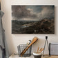Canvas art print detailing a countryside view emphasizing water and sky, displayed in a softly lit workspace setting