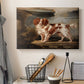 Canvas art print detailing a countryside scene featuring domestic dog, displayed in a softly lit workspace setting