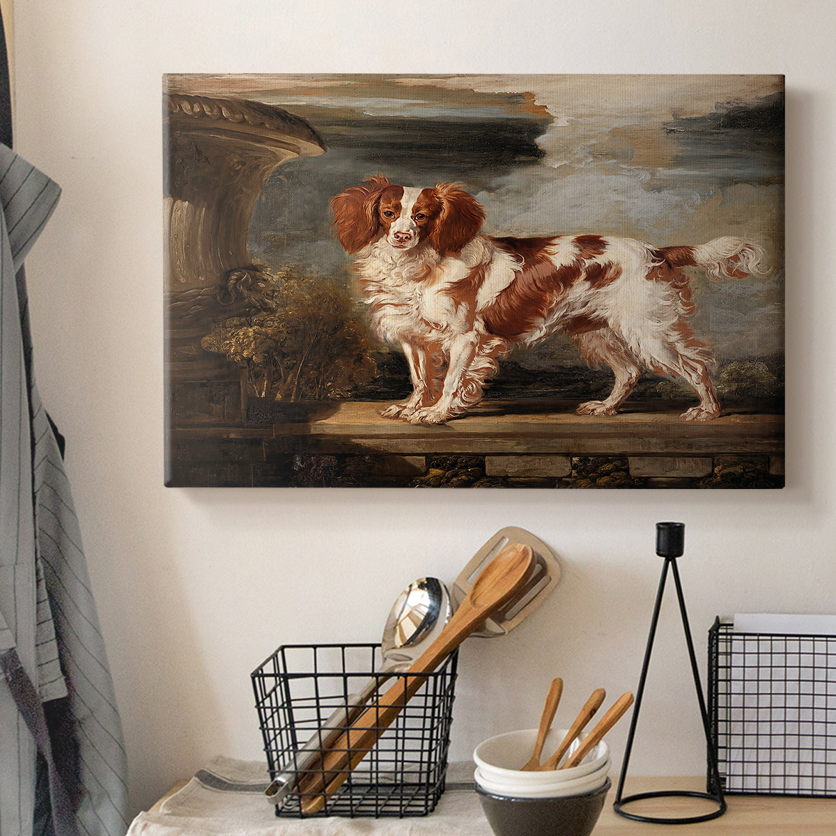 Canvas art print detailing a countryside scene featuring domestic dog, displayed in a softly lit workspace setting