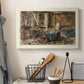 Canvas art print detailing an artistic depiction of workspace with objects and furnishings, displayed in a softly lit workspace setting