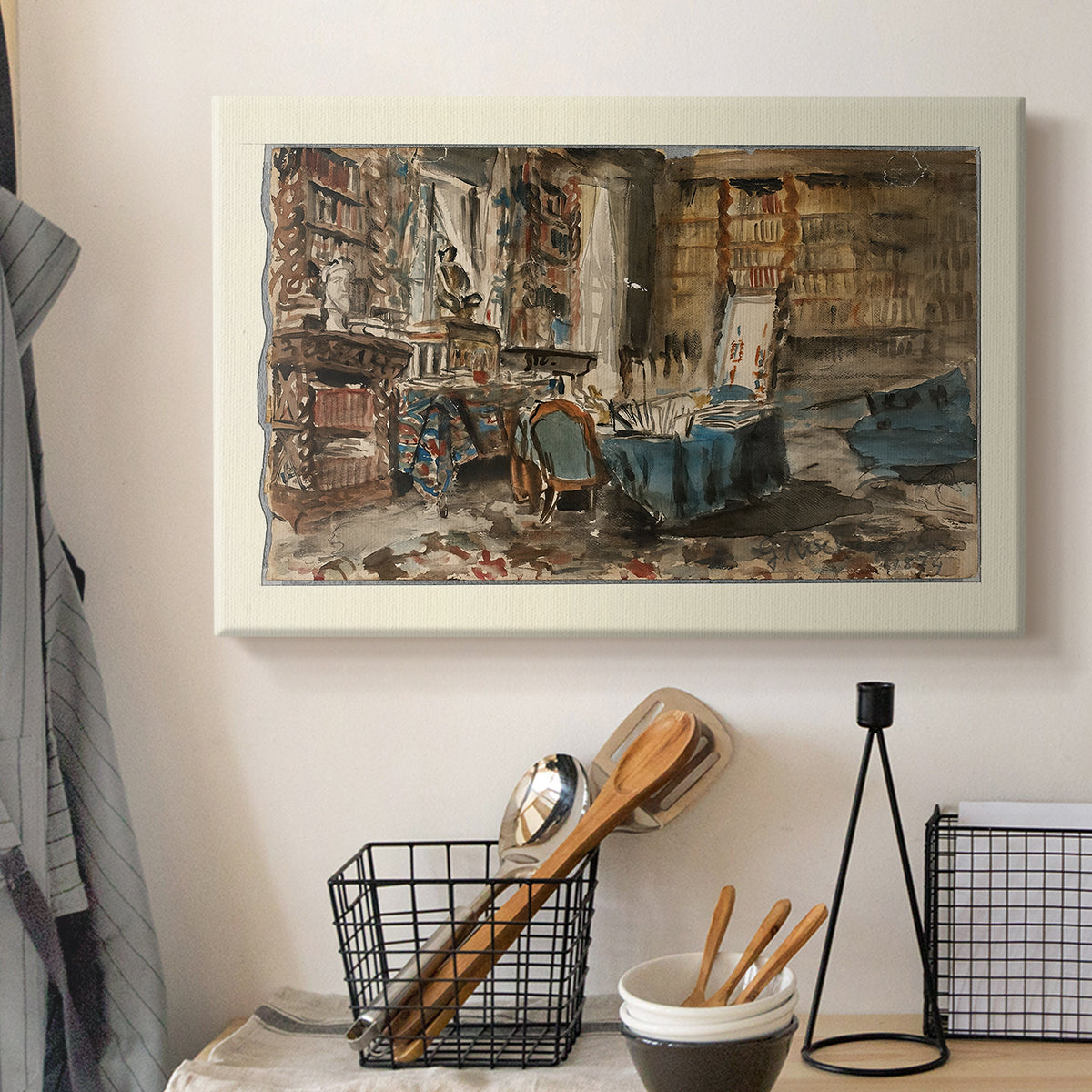 Canvas art print detailing an artistic depiction of workspace with objects and furnishings, displayed in a softly lit workspace setting