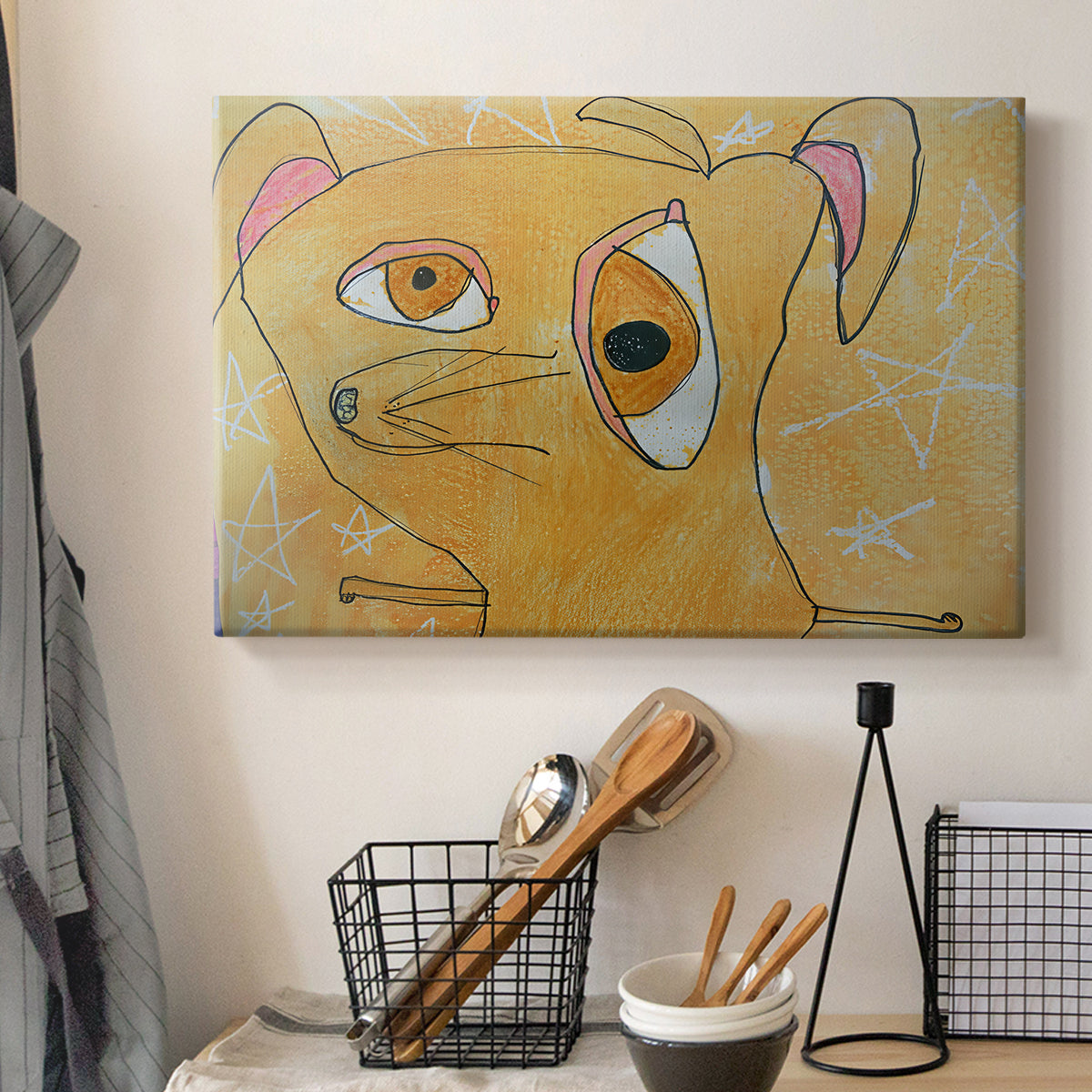 Canvas art print detailing a stylized canine in geometric structure, displayed in a softly lit workspace setting