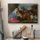 Canvas art print detailing a Renaissance countryside scene with holy family and visitor, displayed in a softly lit workspace setting
