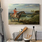 Canvas art print detailing a dynamic rural scene with figures and animals in motion, displayed in a softly lit workspace setting