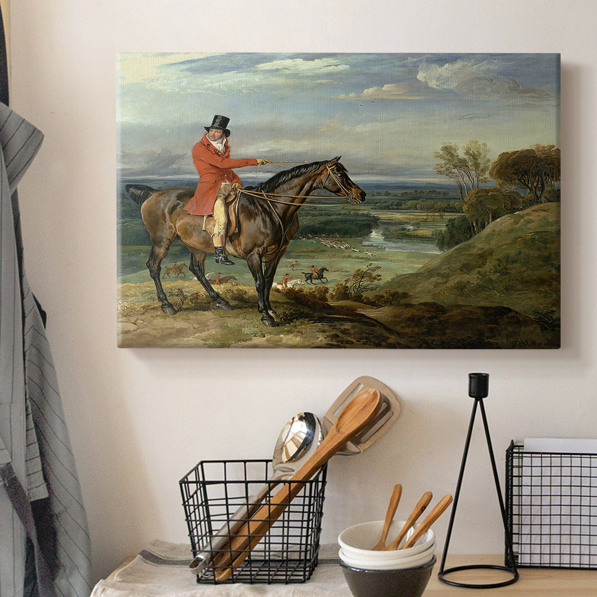 Canvas art print detailing a dynamic rural scene with figures and animals in motion, displayed in a softly lit workspace setting
