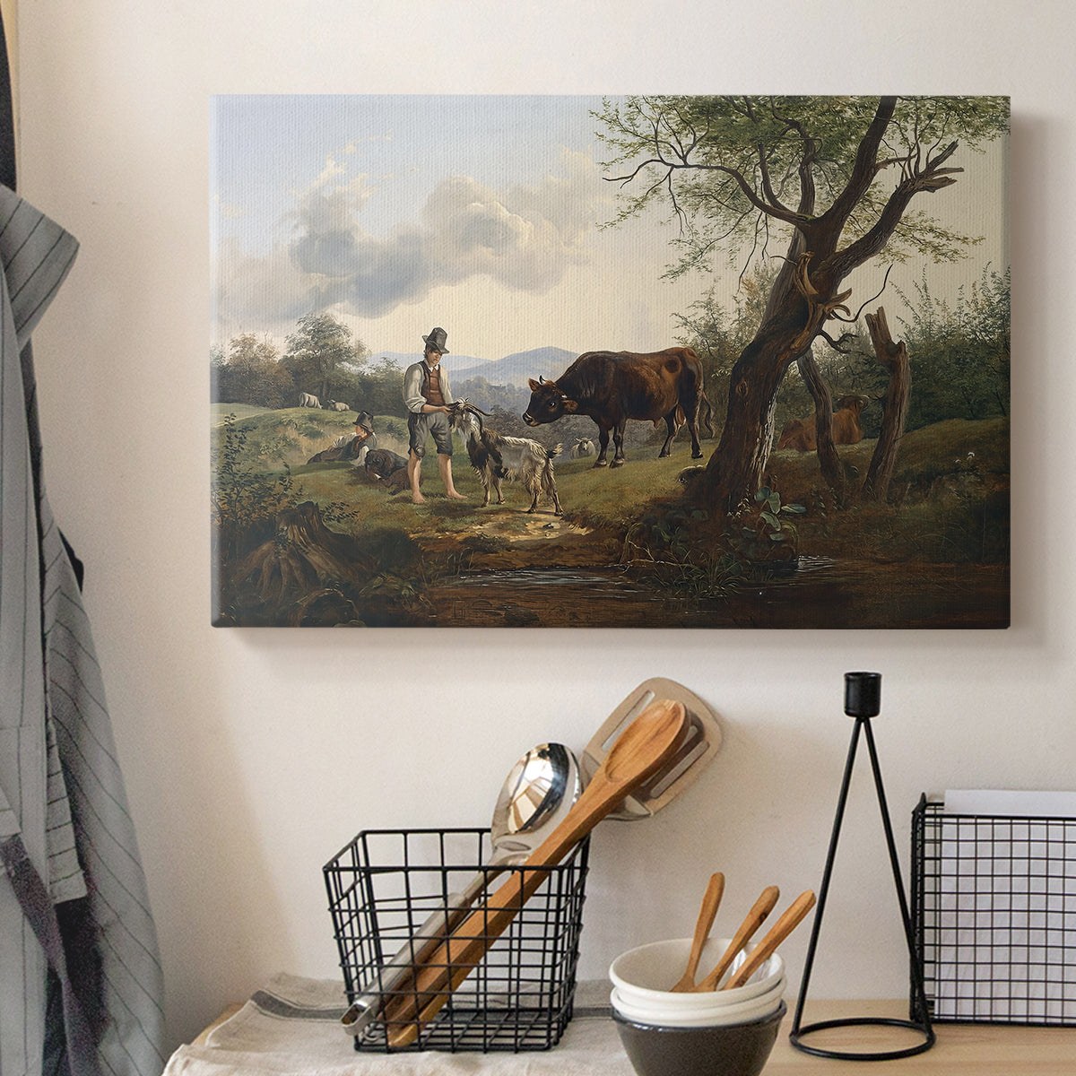 Canvas art print detailing a realistic depiction in natural setting, displayed in a softly lit workspace setting