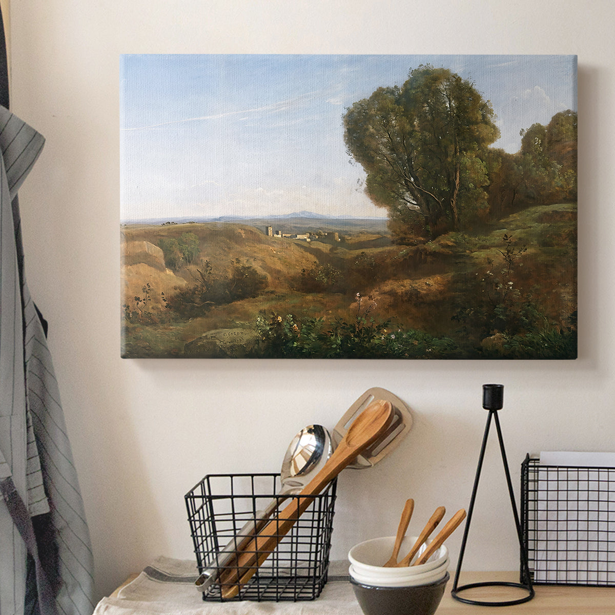 Canvas art print detailing a landscape view emphasizing calm environment, displayed in a softly lit workspace setting