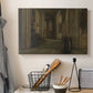 Canvas art print detailing a serene church scene emphasizing space and light, displayed in a softly lit workspace setting