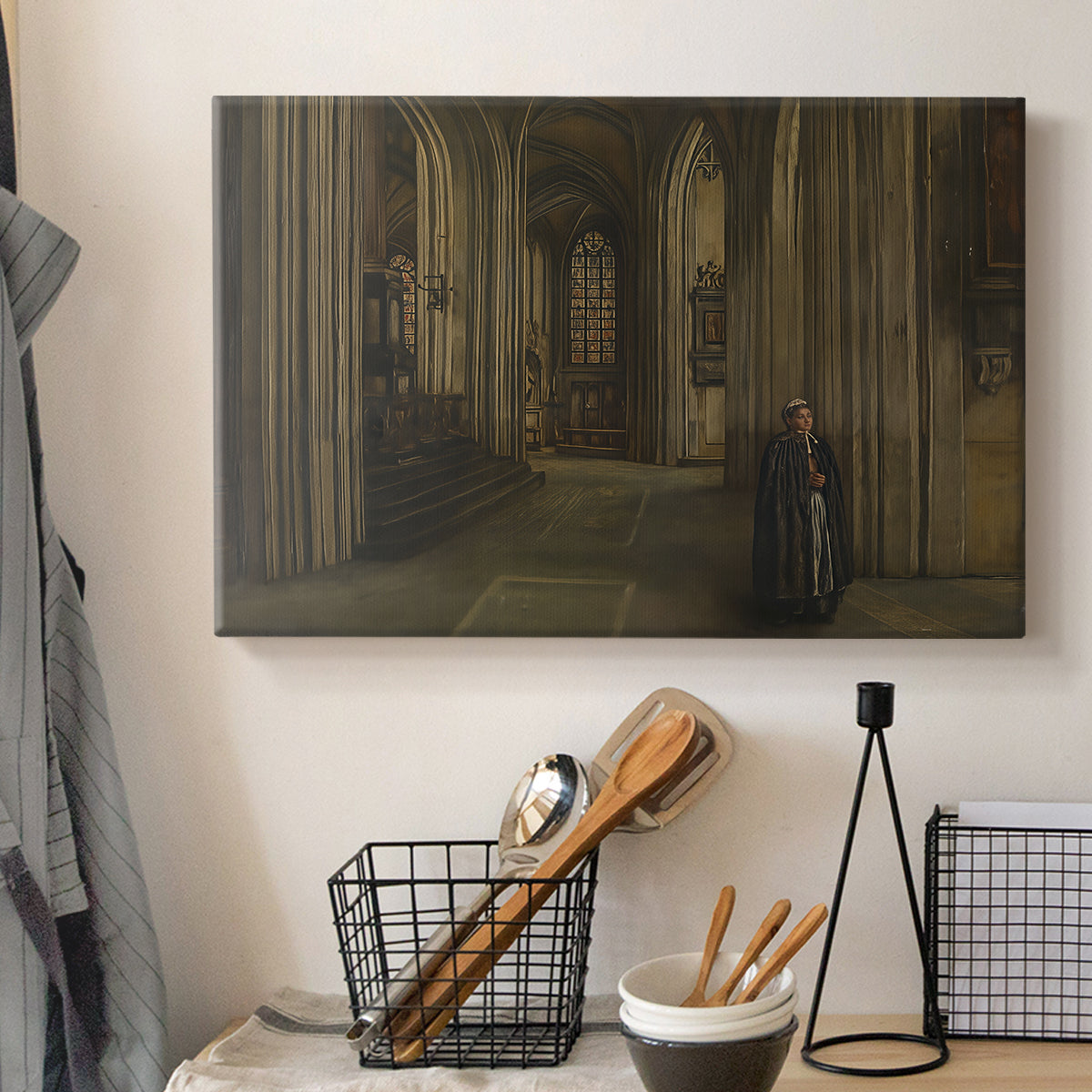 Canvas art print detailing a serene church scene emphasizing space and light, displayed in a softly lit workspace setting