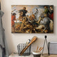 Canvas art print detailing a dramatic outdoor hunt with movement and conflict, displayed in a softly lit workspace setting