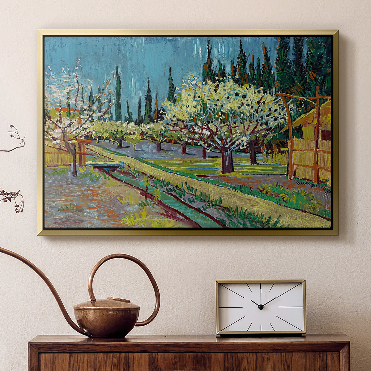 Orchard in Blossom, Bordered by Cypresses, 1888 - Floater Framed Canvas Print