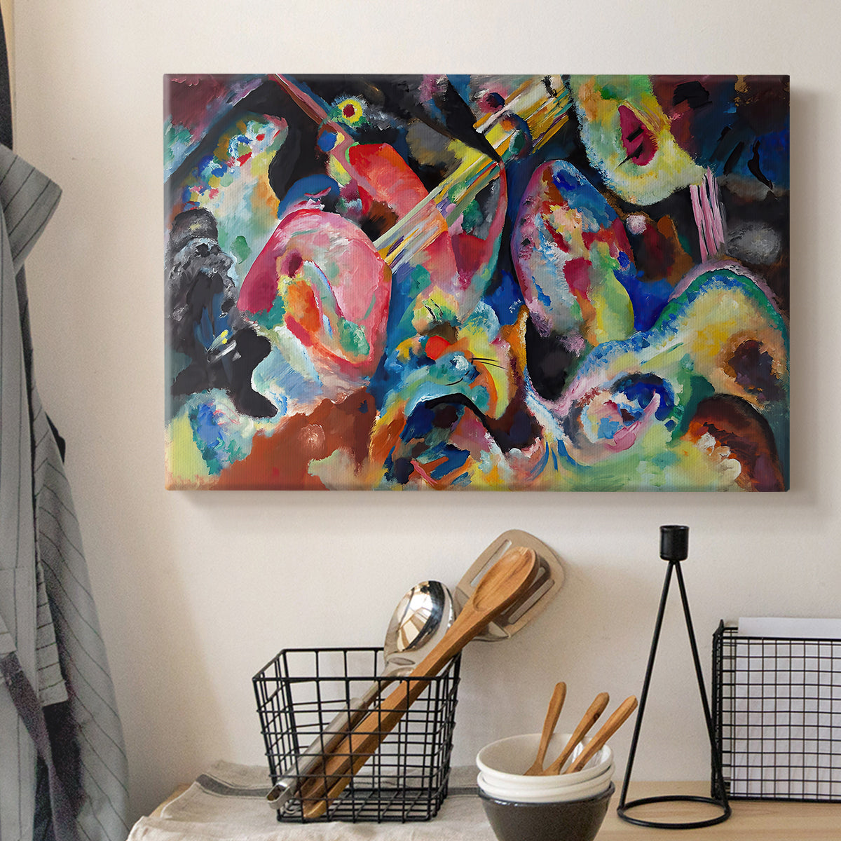 Canvas art print detailing an abstract arrangement with strong movement and color interaction, displayed in a softly lit workspace setting