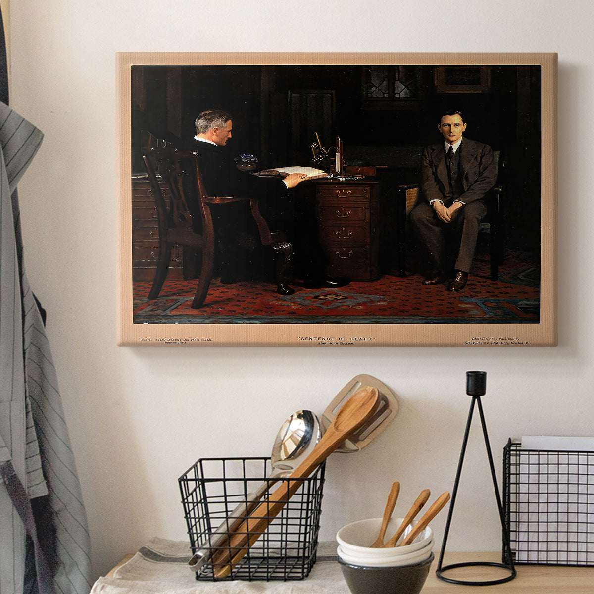 Canvas art print detailing a Victorian scene with dramatic grouping, displayed in a softly lit workspace setting