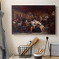Canvas art print detailing a detailed depiction of rural community sharing a meal after a funeral, displayed in a softly lit workspace setting