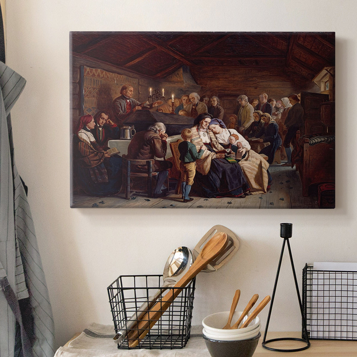 Canvas art print detailing a detailed depiction of rural community sharing a meal after a funeral, displayed in a softly lit workspace setting