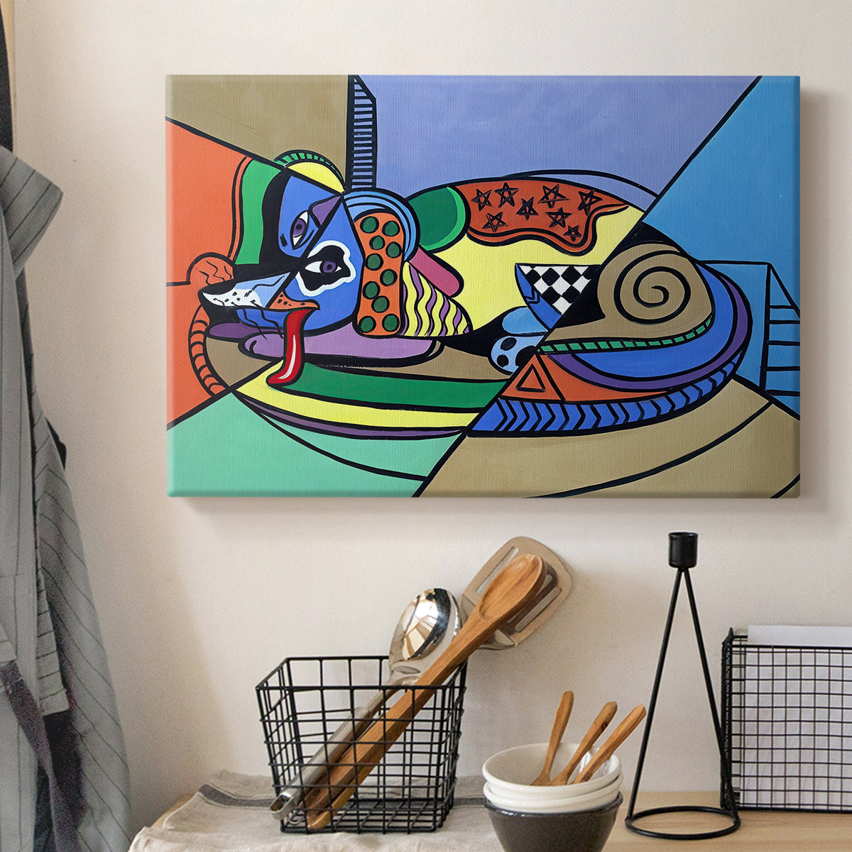 Canvas art print detailing a stylized animal emphasizing geometry, displayed in a softly lit workspace setting