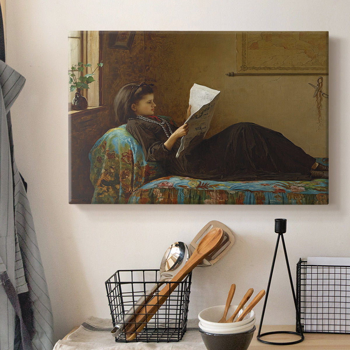 Canvas art print detailing a casual gathering around newspaper in rustic room, displayed in a softly lit workspace setting