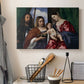 Canvas art print detailing a sacred portrait arrangement with central Madonna and attendants, displayed in a softly lit workspace setting
