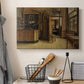 Canvas art print detailing an atmospheric interior with figure in historic inn environment, displayed in a softly lit workspace setting