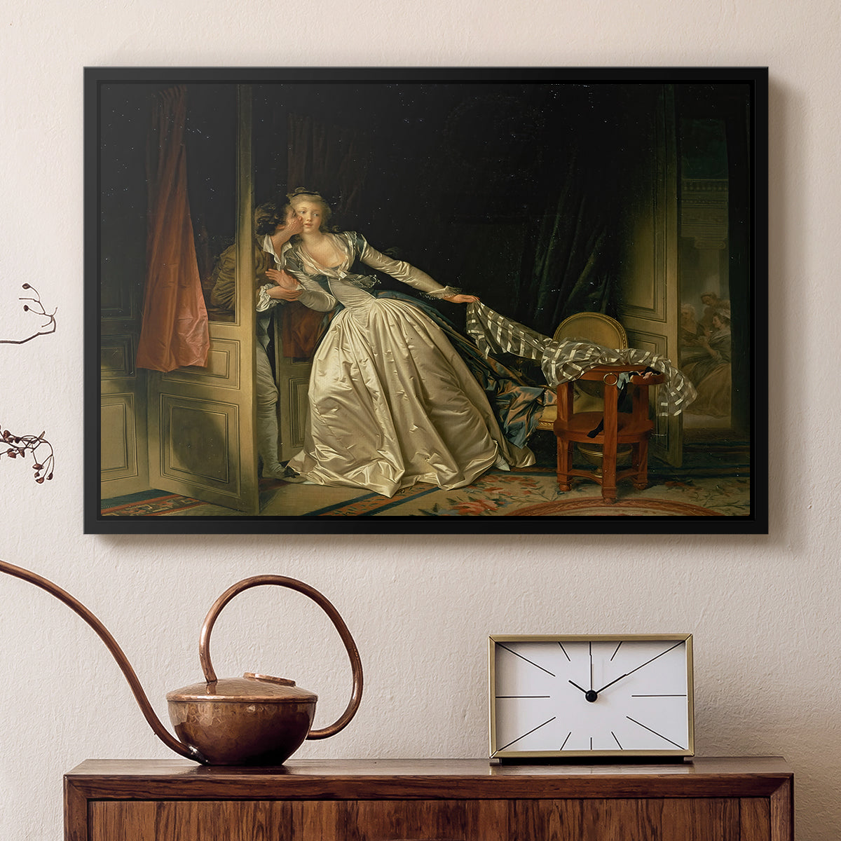 The Stolen Kiss (Le Baiser à la dérobée), c. 1788 - Floater Framed Canvas Print