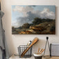 Canvas art print detailing a rural composition featuring water, figures, and animals, displayed in a softly lit workspace setting