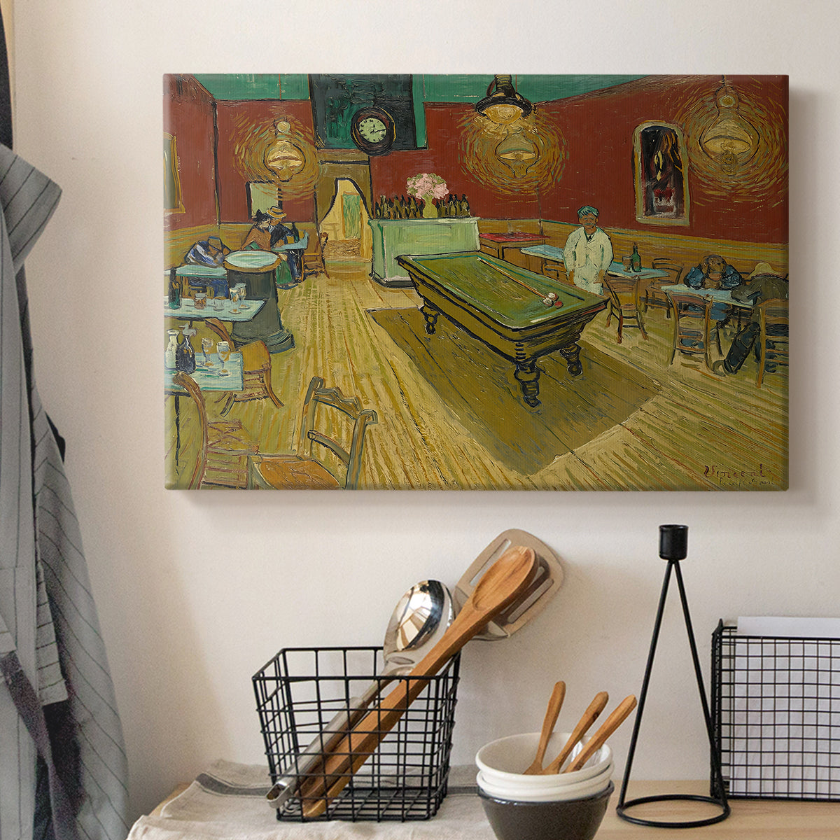 Canvas art print detailing an expressive indoor scene centered on billiard table and late-night atmosphere, displayed in a softly lit workspace setting