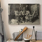 Canvas art print detailing a monochrome-style depiction of strategic game between two figures, displayed in a softly lit workspace setting