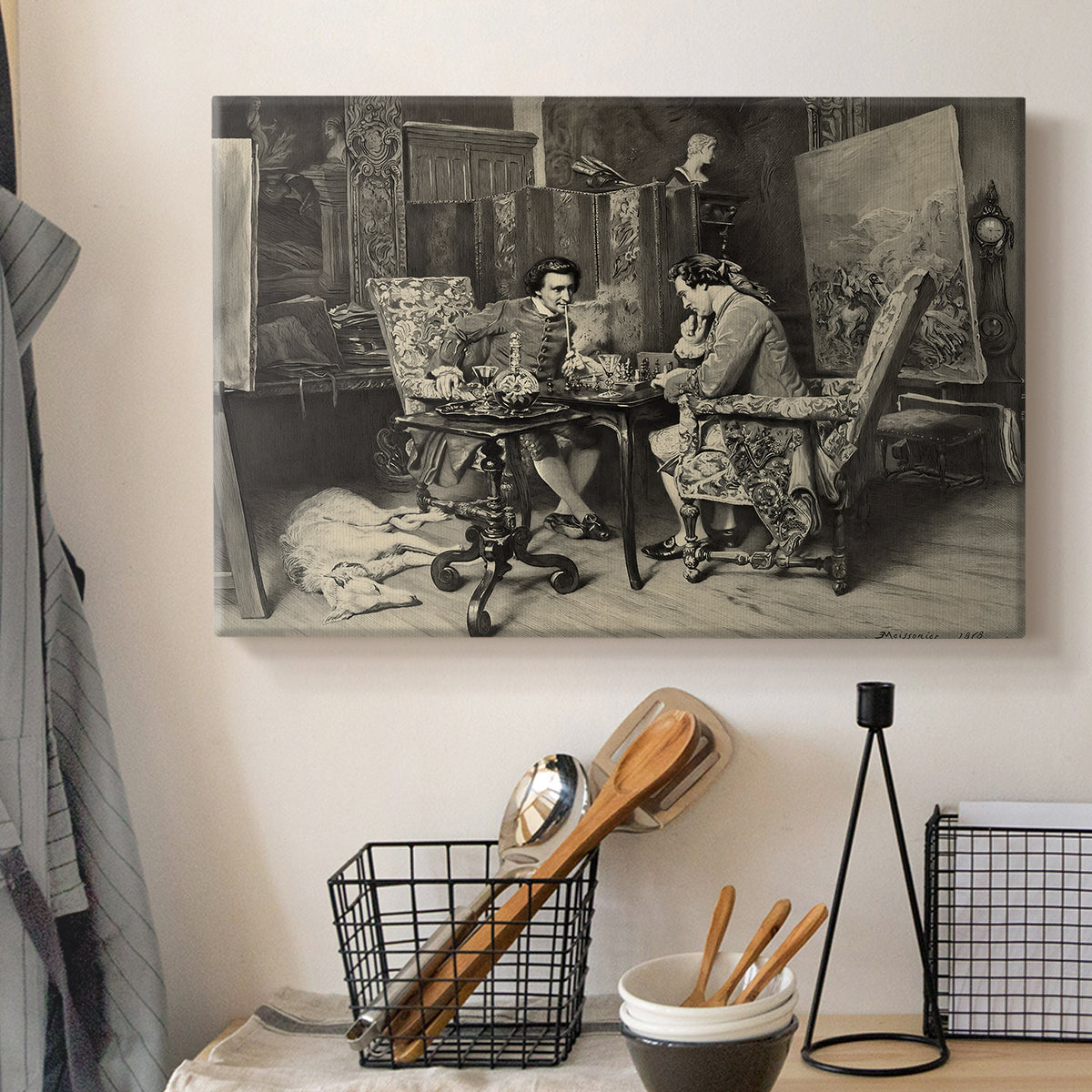 Canvas art print detailing a monochrome-style depiction of strategic game between two figures, displayed in a softly lit workspace setting