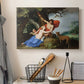 Canvas art print detailing a Baroque painting of nude figures Venus and Adonis with Cupid in forest, displayed in a softly lit workspace setting
