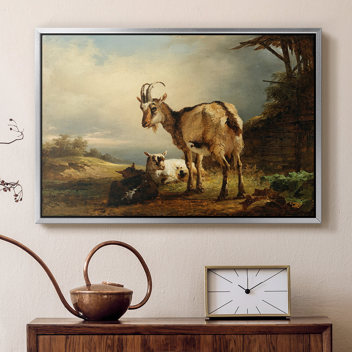 A Goat with Two Kids - Floater Framed Canvas Print