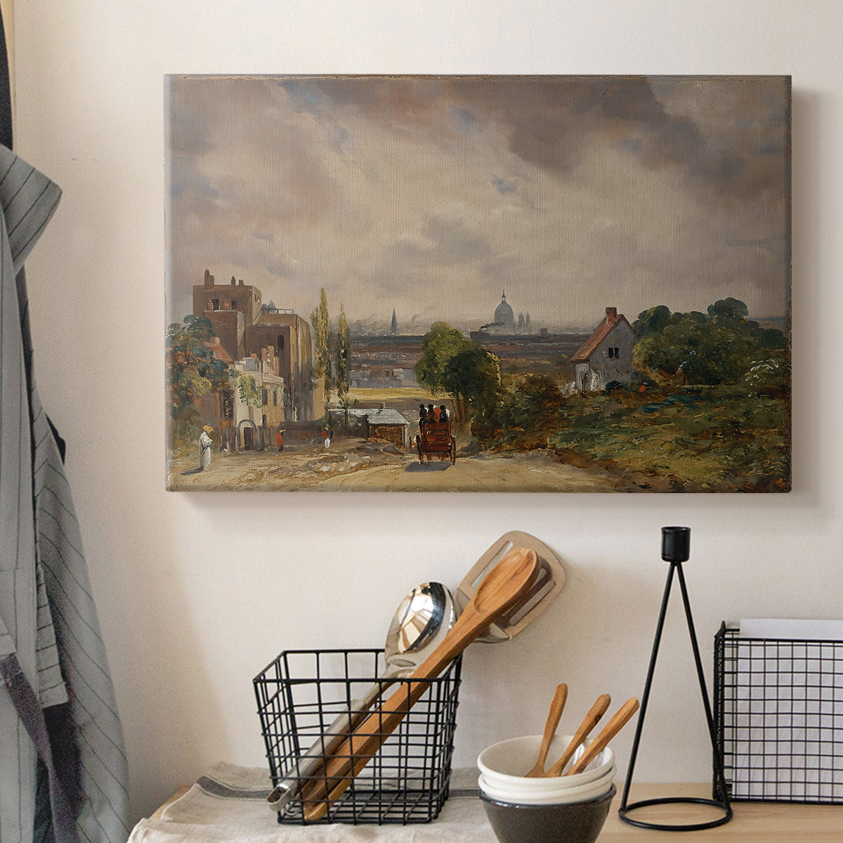 Canvas art print detailing an architectural landscape featuring home, displayed in a softly lit workspace setting