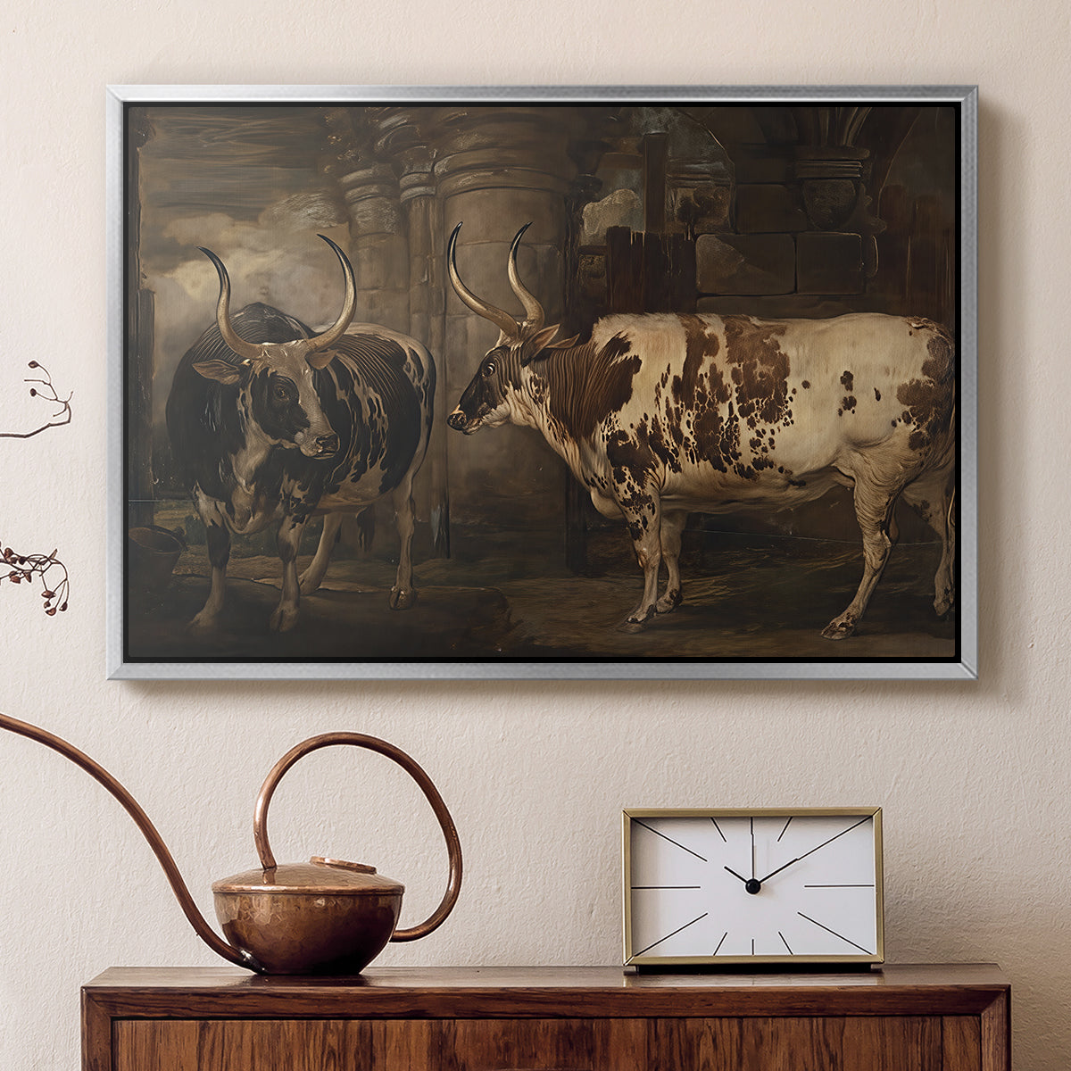 Portraits of Two Extraordinary Oxen, Property of the Earl of Powis, 1814 - Floater Framed Canvas Print