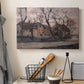 Canvas art print detailing an early modern composition with restrained color palette, displayed in a softly lit workspace setting