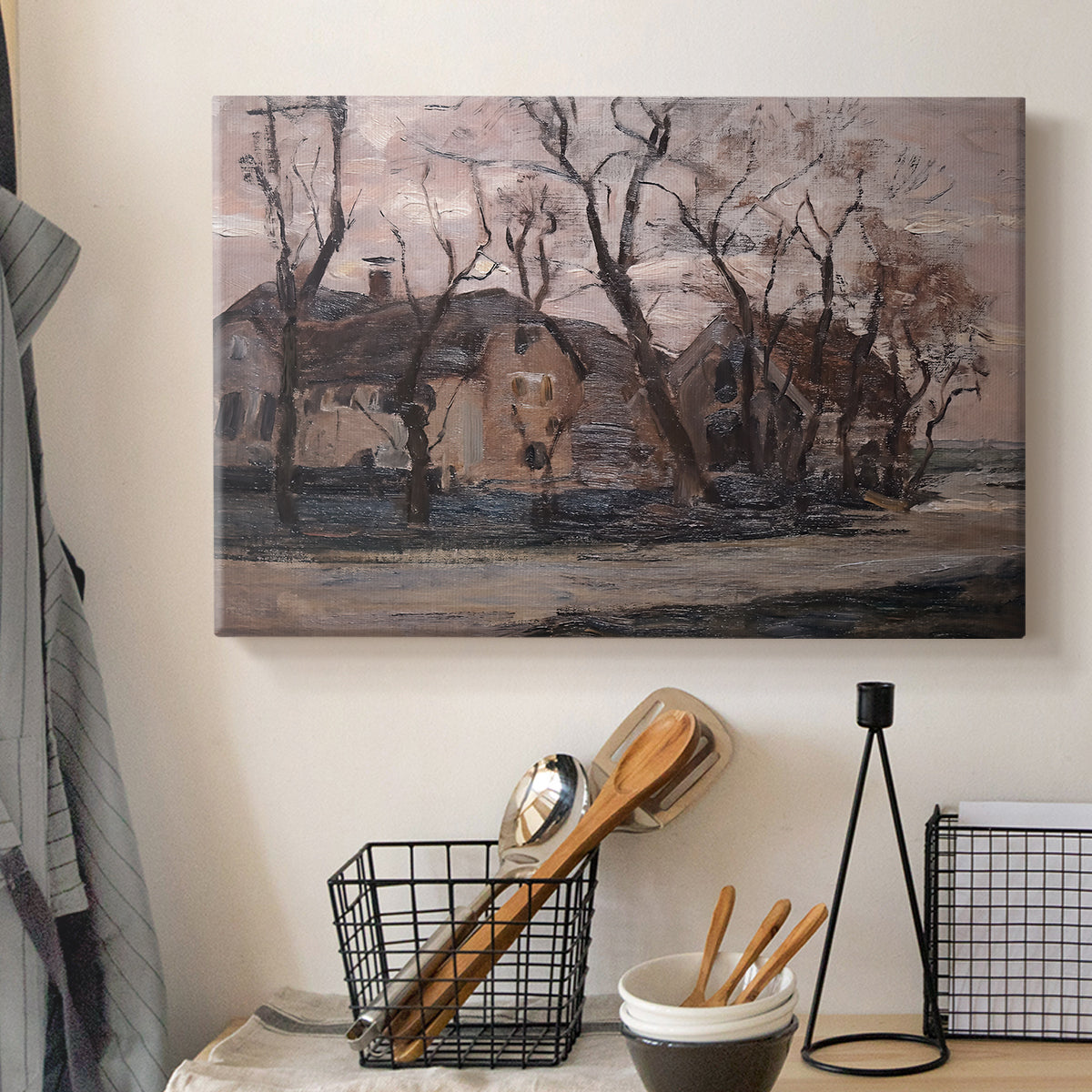 Canvas art print detailing an early modern composition with restrained color palette, displayed in a softly lit workspace setting