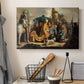 Canvas art print detailing an expressive scene with strong emotion, displayed in a softly lit workspace setting