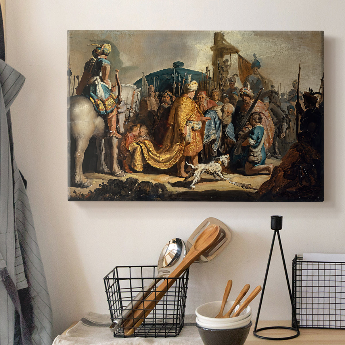 Canvas art print detailing an expressive scene with strong emotion, displayed in a softly lit workspace setting