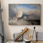 Canvas art print detailing a seaside view featuring boats, figures, and trade, displayed in a softly lit workspace setting