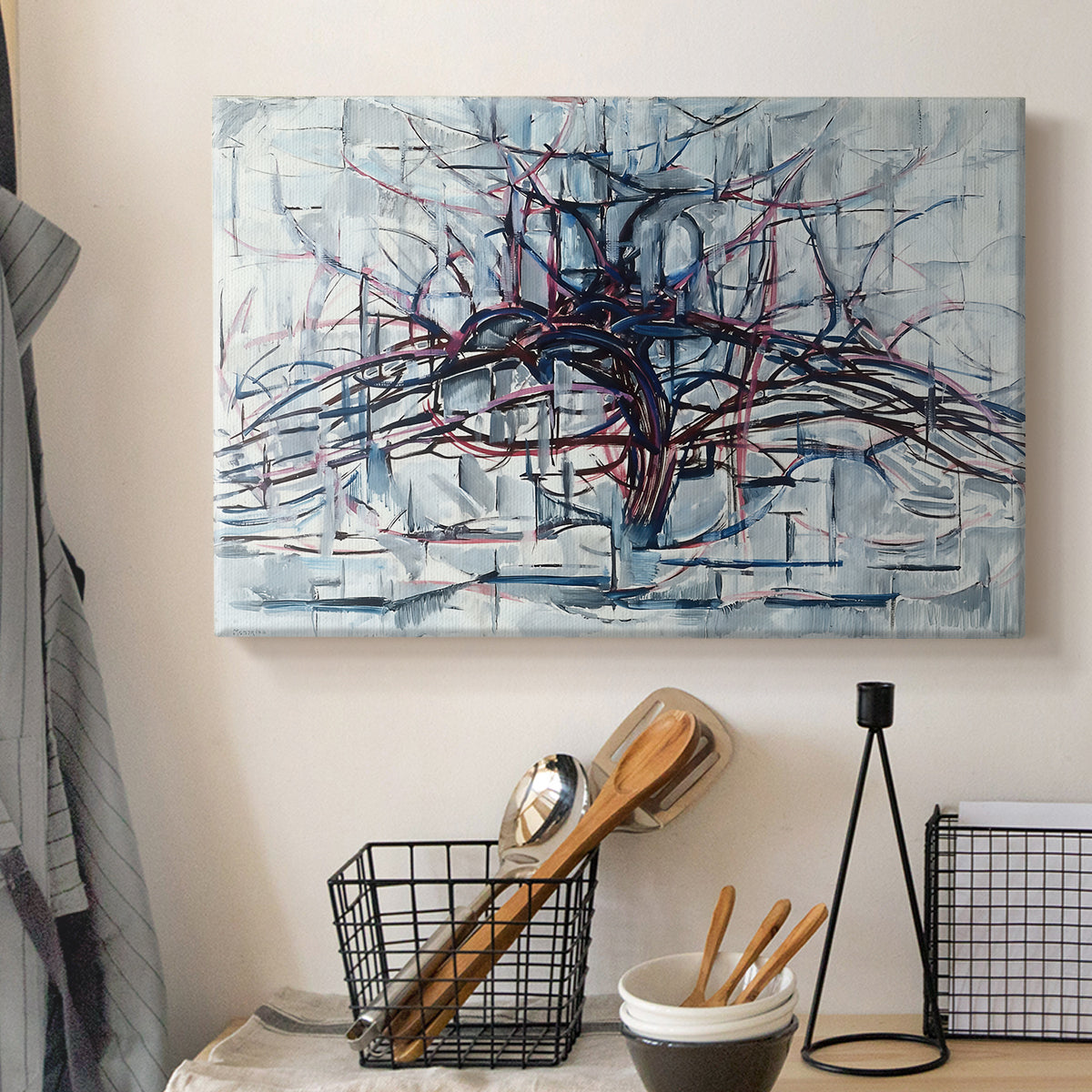 Canvas art print detailing an expressive study of natural form transitioning to abstraction, displayed in a softly lit workspace setting