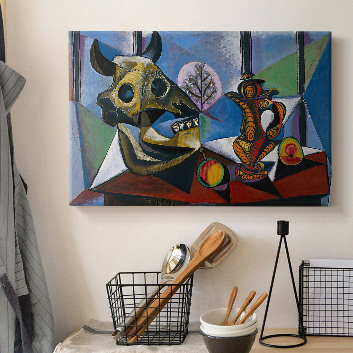 Canvas art print detailing a stylized still life emphasizing structure, displayed in a softly lit workspace setting