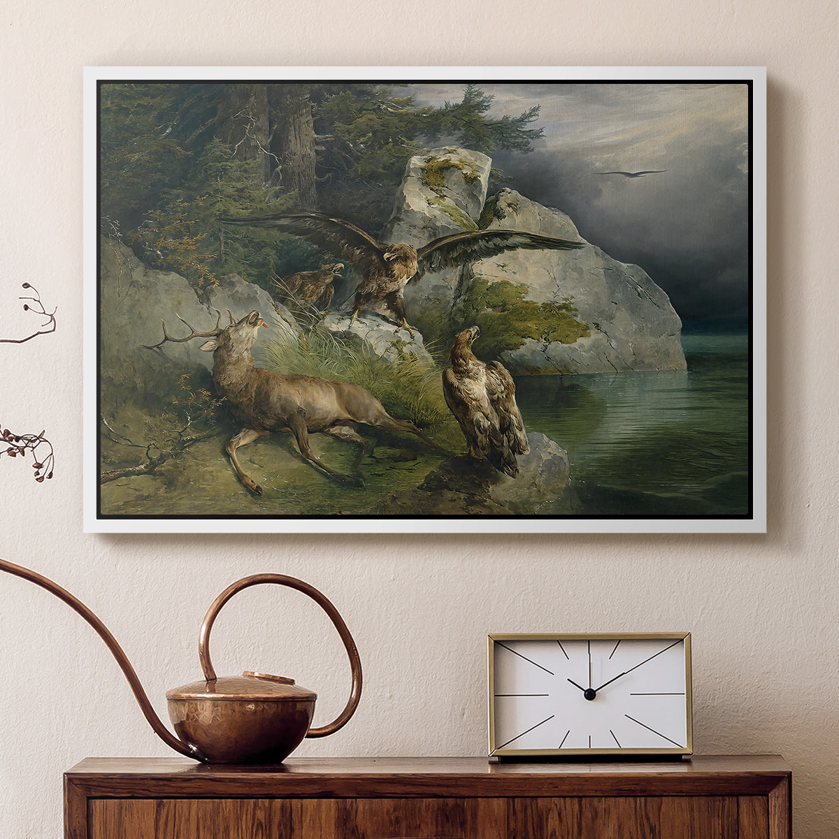 Eagles and Dying Stag on a Lakeshore, 1836 - Floater Framed Canvas Print