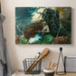 Canvas art print detailing a rustic setting with figure and firelight among trees, displayed in a softly lit workspace setting