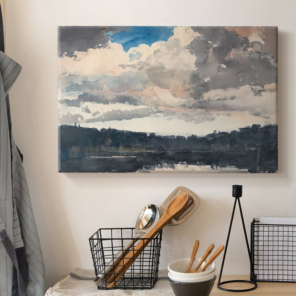 Canvas art print detailing a solitary boat set within natural woodland environment, displayed in a softly lit workspace setting