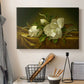 Canvas art print detailing a luminist still life with blossoms, displayed in a softly lit workspace setting