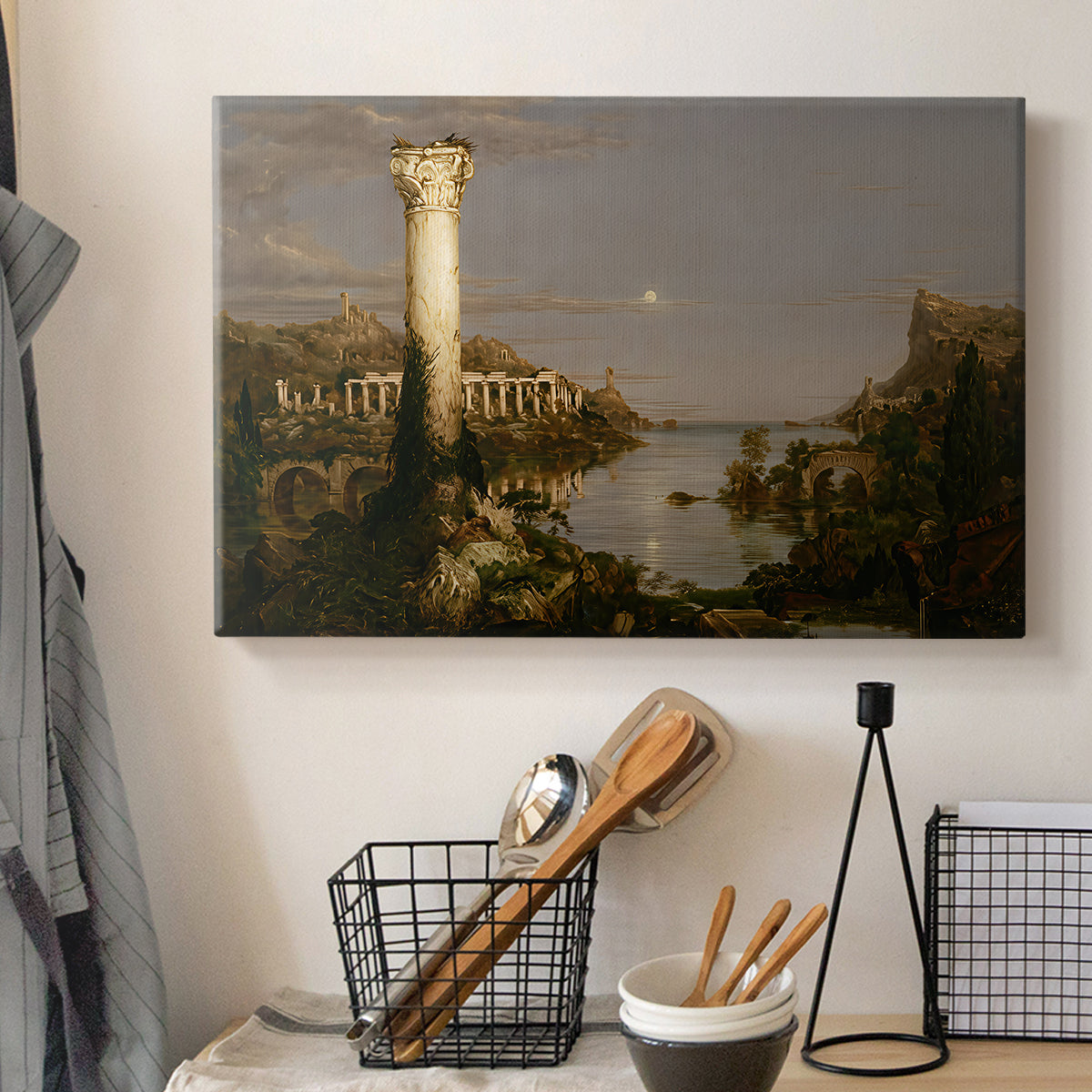 Canvas art print detailing a final stage of civilization reduced to ruins and nature, displayed in a softly lit workspace setting