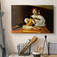 Canvas art print detailing an intimate portrait of musician with still life elements, displayed in a softly lit workspace setting